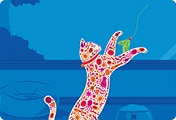 A colorful graphic of a cat chasing a toy